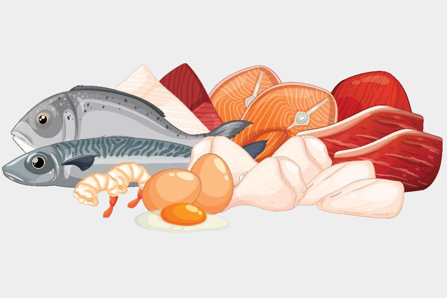 An array of proteins: Whole fish, shrimp, salmon filets, chicken legs